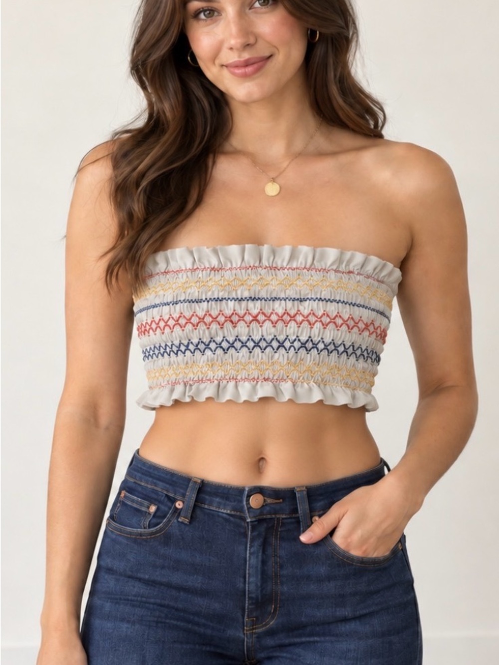 Tory Burch Cream Smocked Strapless Crop Top with Multi-Color Stitching